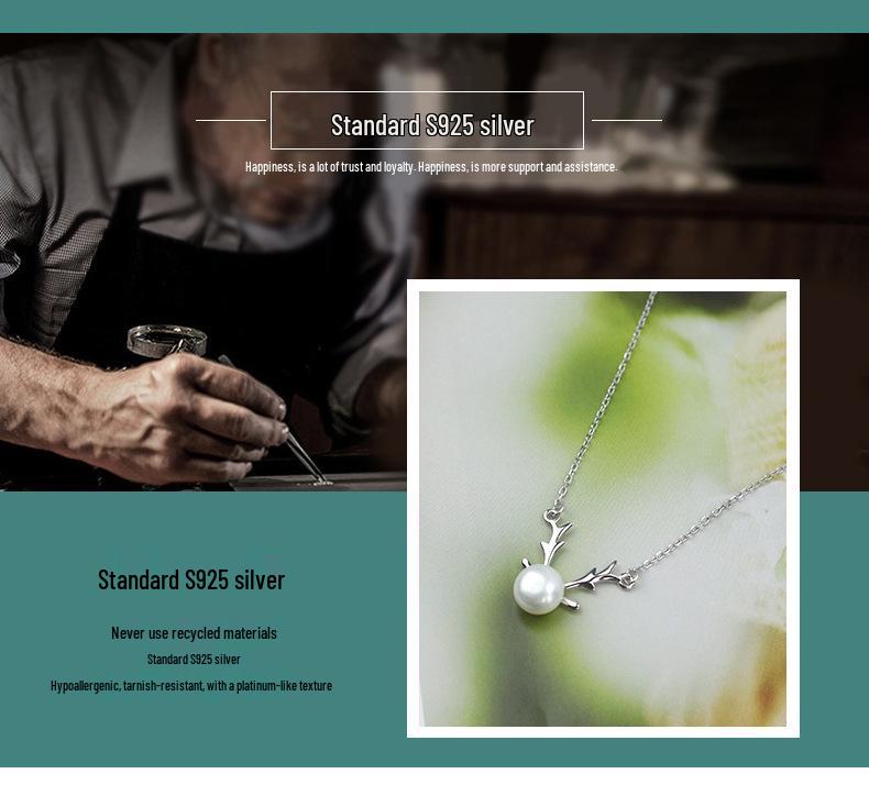 Exquisite S925 Silver Antler Necklace with Freshwater Pearl - Ideal Christmas Gift