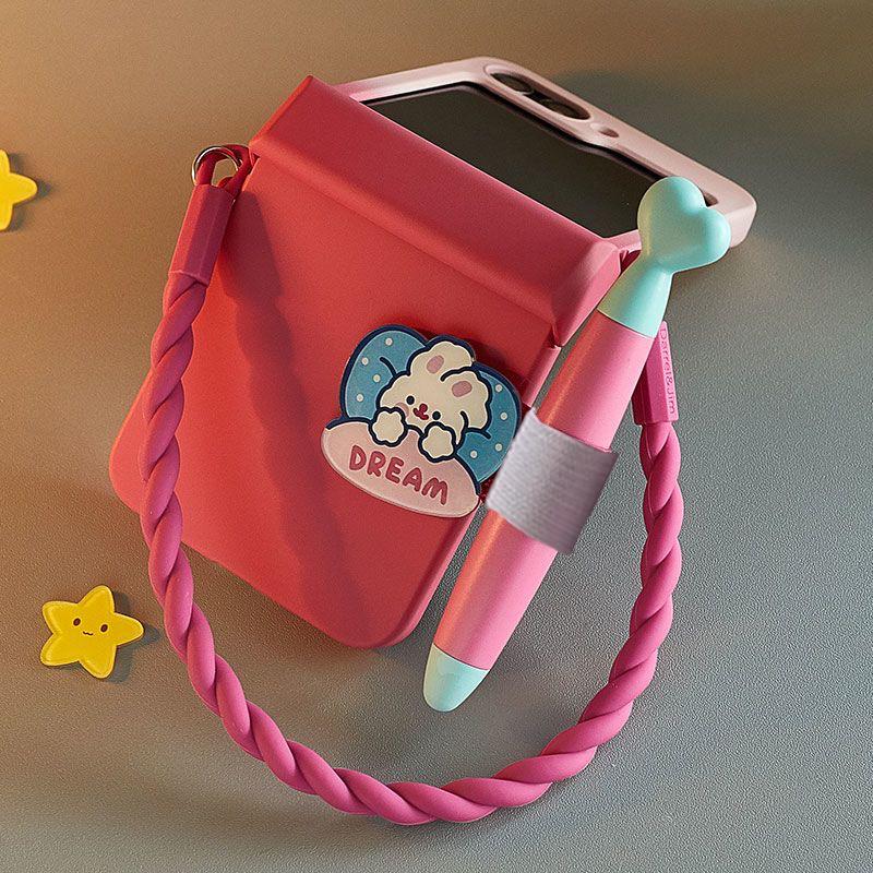 Para Capa Samsung z flip5 Capa de Telefone Fofa para Samsung Galaxy Z Flip5 com Caneta Stylus, Capas Kawaii z flip 5 Capa de Cor Gradiente Vermelho Rosa Coelho dos Sonhos 3D
