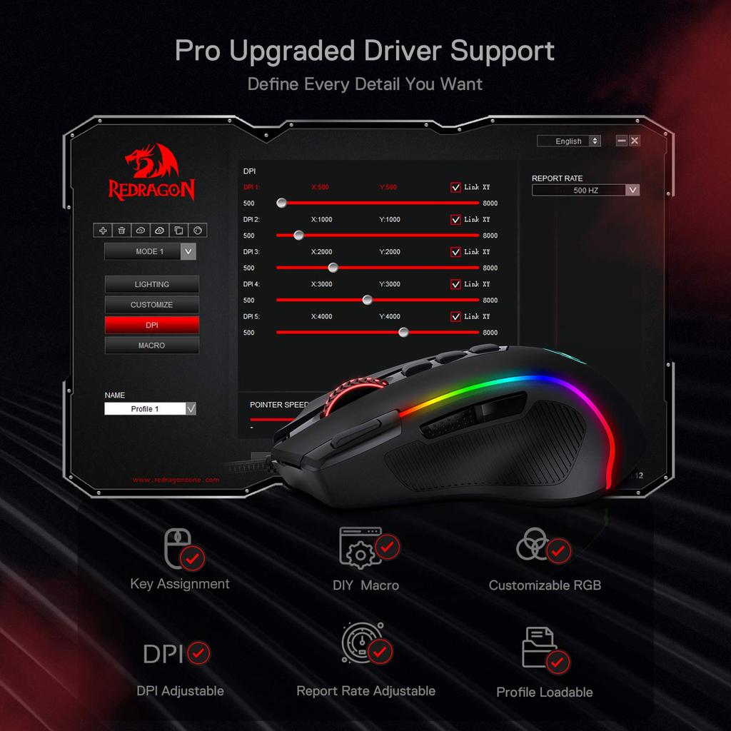 Mysz gamingowa Redragon M612 Predator RGB, 8000 DPI Przewodowa Optyczna Mysz dla Graczy z 11 Programowalnymi Przyciskami i 5 Trybami Podświetlenia, Obsługa oprogramowania dla