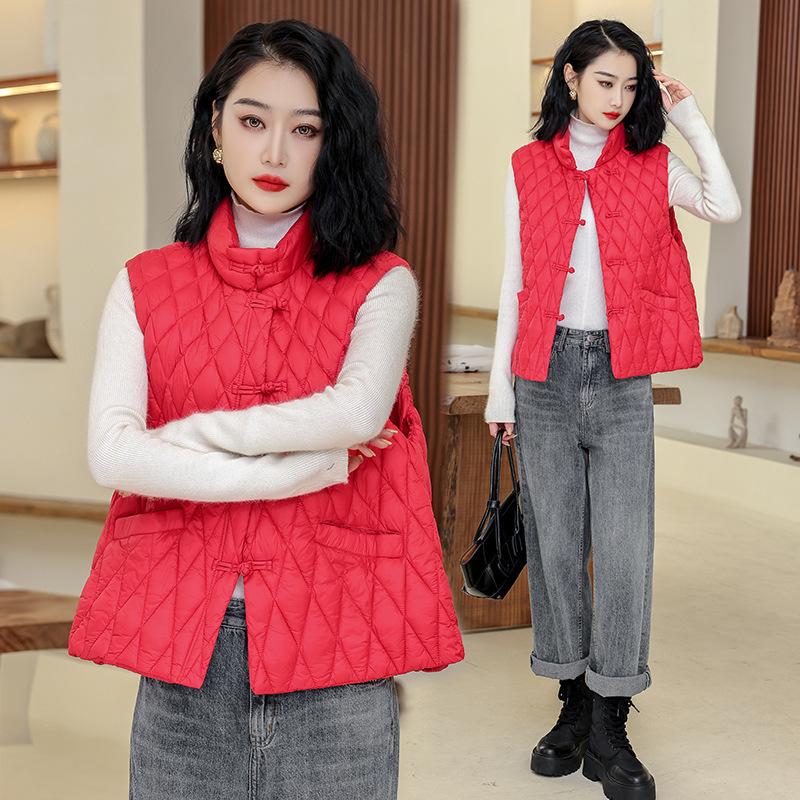 Retro ethnic style buckle down cotton rhombus vest women's autumn and winter versatile short vest vest vest vest jacket tide