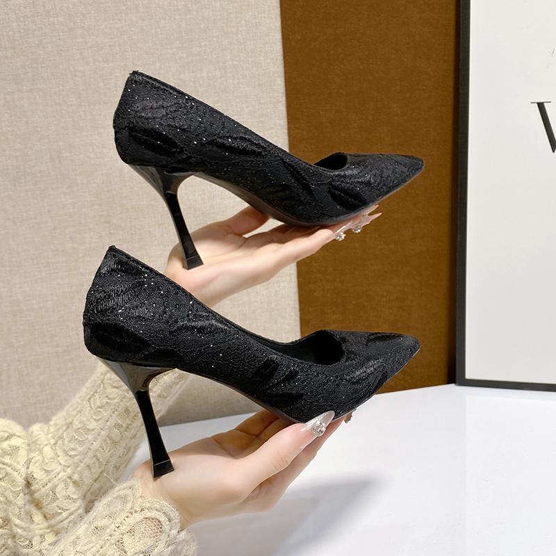 

Мода 2025 Кружевная ткань с блестками Женские туфли-лодочки Новый дизайн Каблуки-рюмочки Женская профессия Офисная обувь 35 чёрный