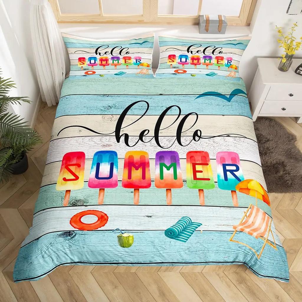 Hello Summer Duvet Cover Set Watercolor Watermelon Fruits Bedding Set Summer Holiday Theme Blue Rustic Cabin Comforter Cover