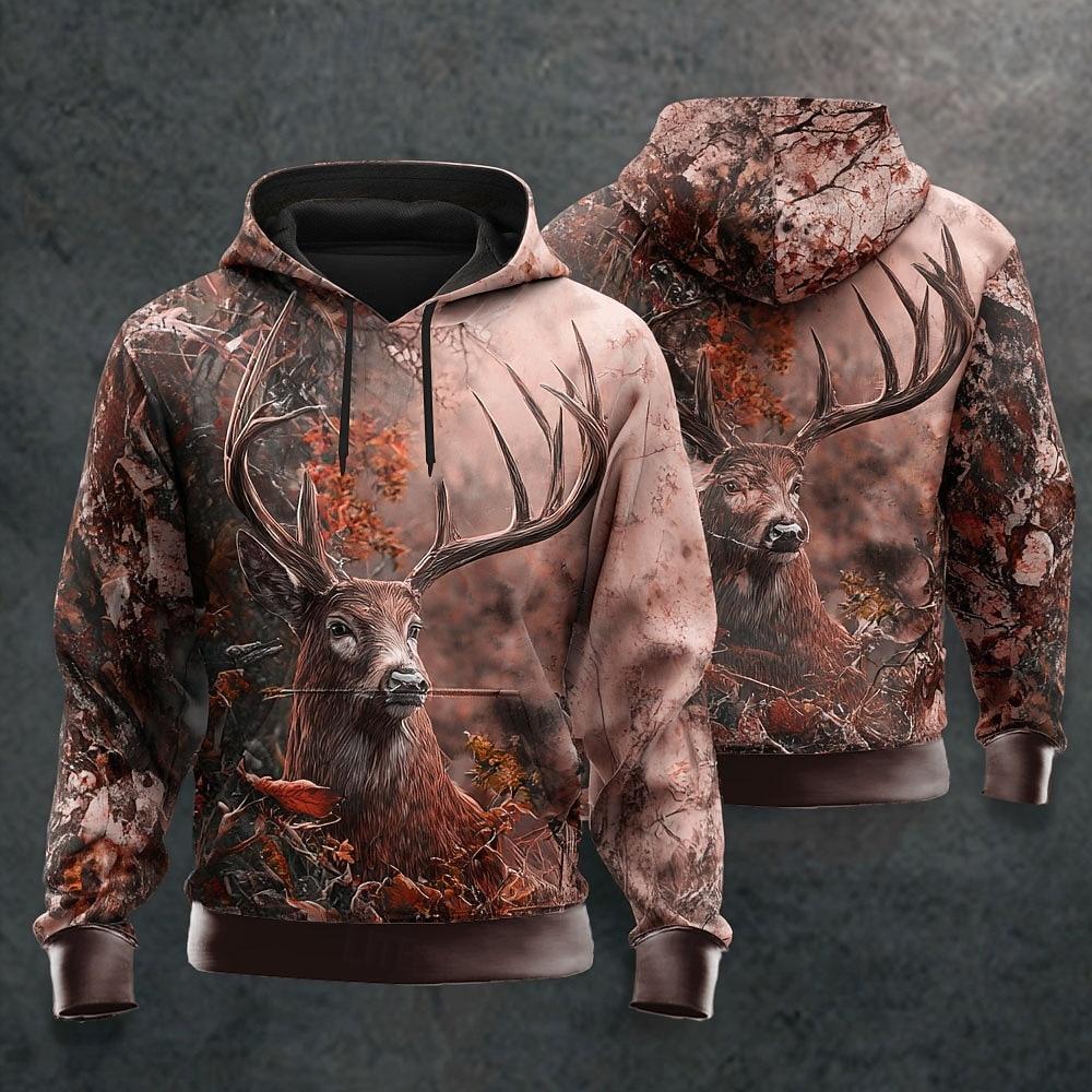 Herren Hirsch Hoodie Sweatshirt Mode Klassischer Rundhals Outdoor Jagd Gelb Rot Kordelzug Herbst Winter Designer