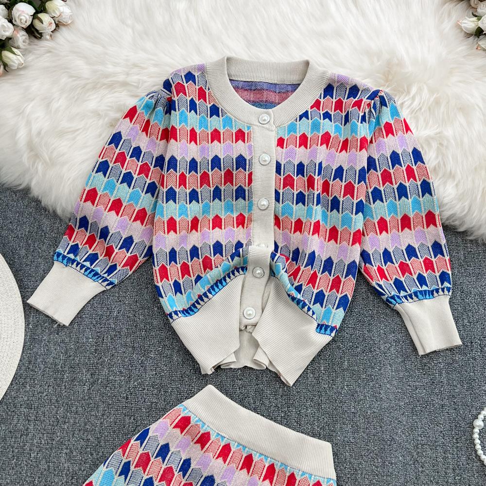 Retro Color Contrast Color Diamond Round Neck Knit Cardigan Top Two Piece Suit High Waist Pack Hip Skirt Short Skirt