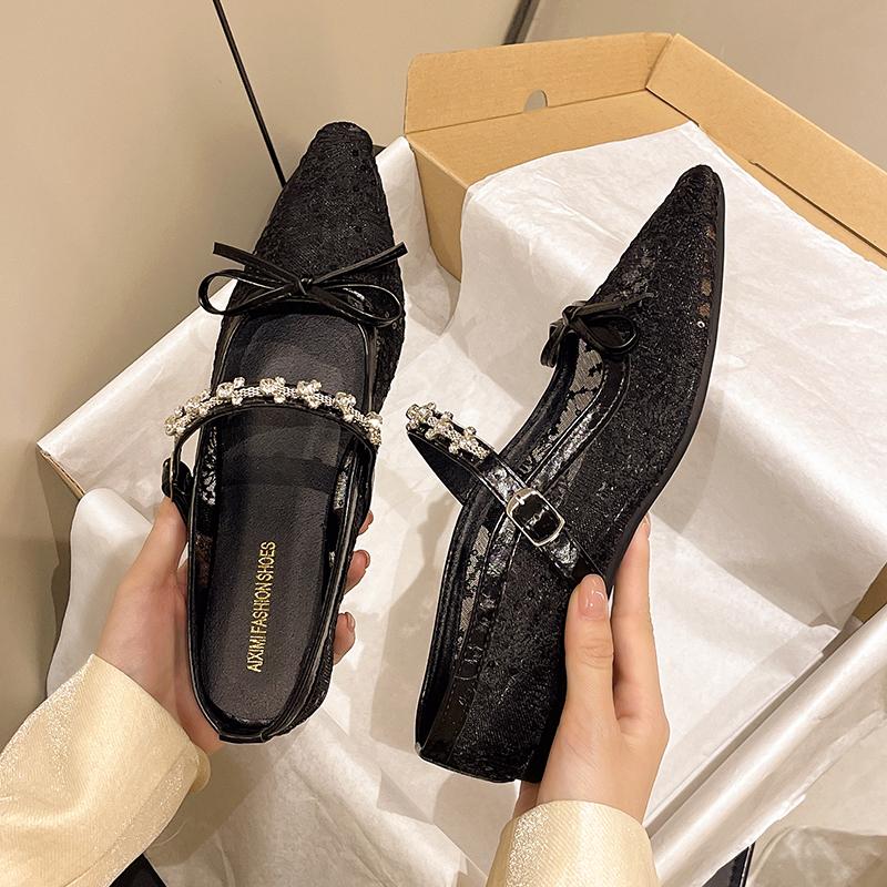 Fashion Semi-drag Mary Jane Shoes 2025 Summer Temperament French Fishing Net Inside Heightened Bow Rhinestone Women's Shoes