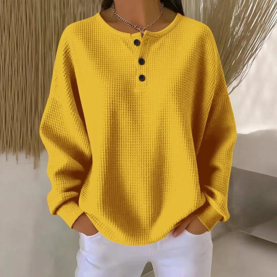 Damen Oberteile Rundhals Knöpfe Dekor Langarm Pullover Oberteile Einfarbig Waffelstrick Texturierte Bluse Alltagskleidung