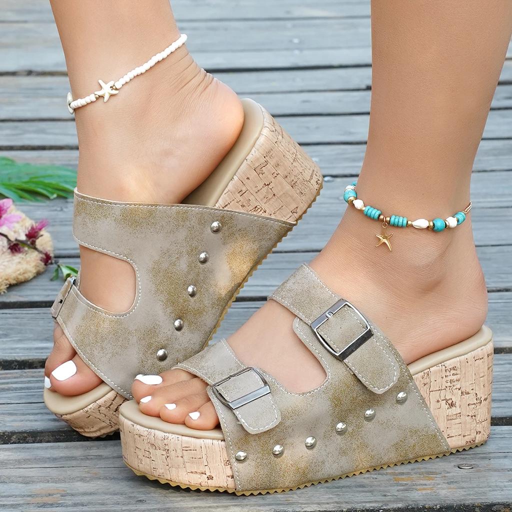 Women Slippers 2025 New Slippers Thick Sole Double Buckle Beach Women Shoes Summer Wedge Platform Sandals Slides Women