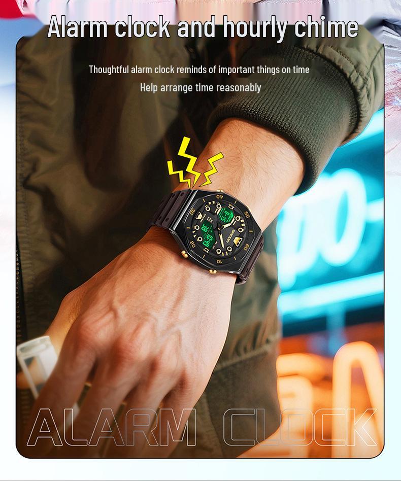 Sanda Men's Trendy Dual Display Casual Watch - Waterproof, Luminous, Octagonal Design with Countdown & Snooze Functions.