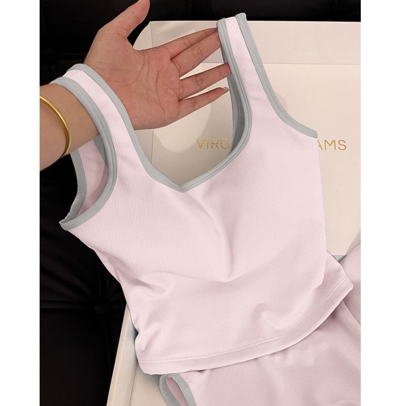 Contrasting color edge yoga vest shorts set women s breathable and not sweaty summer morning running fitness two-piece set S