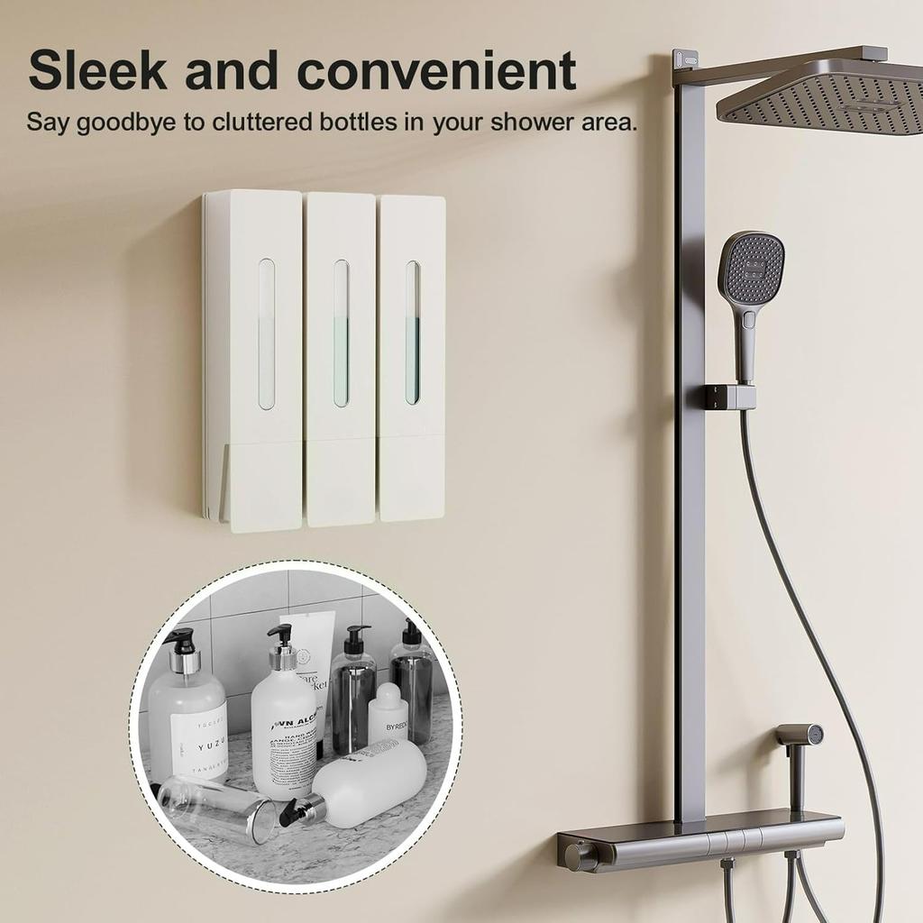 Shampoo and Conditioner Dispenser - Wall-Mounted 3-Chamber Shower Soap Dispenser, No-Drill, 1200ML Capacity, for Bathroom & Hotel