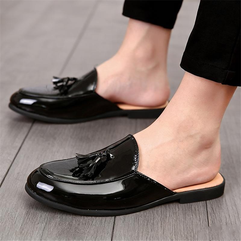 Britain Fashion New Men's White Black Half Slippers Shoes Male Tassels Casual Mules Moccasins Breathable Loafers Zapatos Hombre