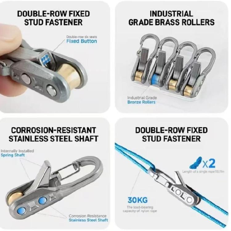 Outdoor Rope Manager Roller Tightening Tool for Hiking and Picnics, with Spring-Gate Clip and Grooved Guide Wheel for Securing and Managing Cord