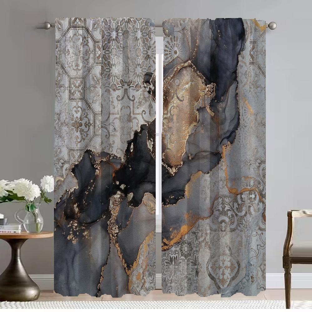 Black Golden Marble Home Interior Curtains for Living Room Curtain Anti-mosquito Curtains 2 Pieces Tulle for Bedroom Shades