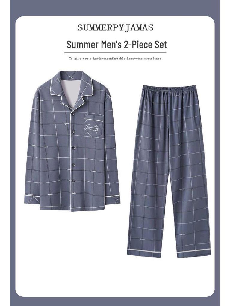 Men's Plus Size Long-Sleeve Plaid Cotton Pajamas for Spring & Autumn, Suitable for Outdoor Wear.