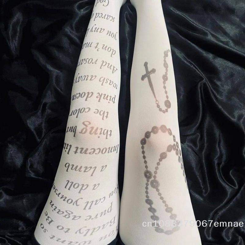 

[ZYAS]Y2K Harajuku White Punk Letter Print Long Socks Women Cosplay Cute Stockings Chic Streetwear 2000s Girl Pantyhose One Size