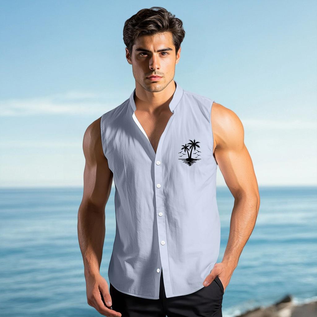 Men's Fashion Printed Sleeveless Lapel Button-Down Shirt Vest Top