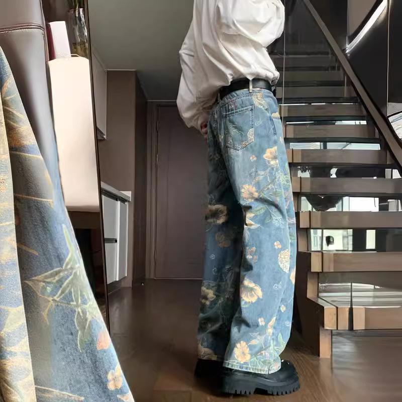 Full of Floral Wide-leg Washed Jeans, Men's Mid-waist New Summer Straight and Thin Mopping Pants Tide