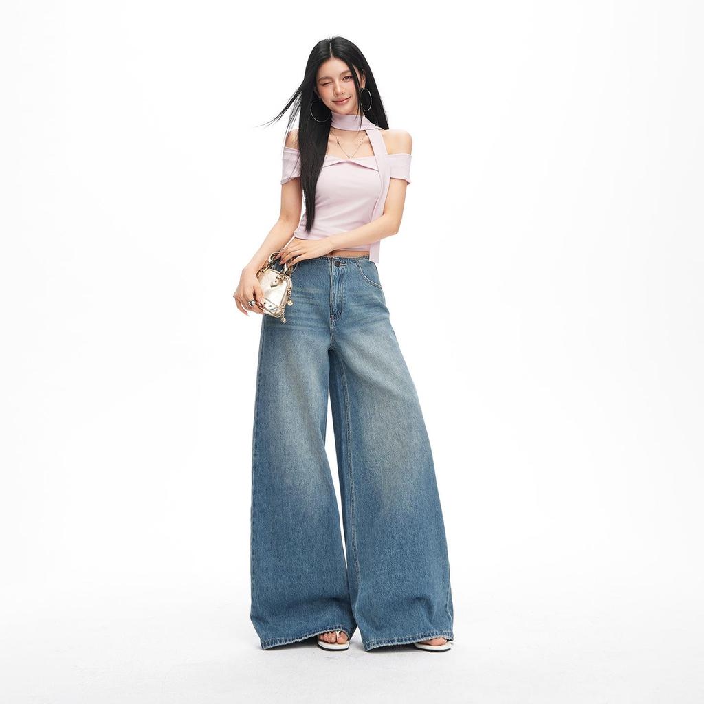 2026 Spring Women's Retro Wide-Leg Jeans: Waistless, Versatile, Loose, Slimming, Floor-Length Pants