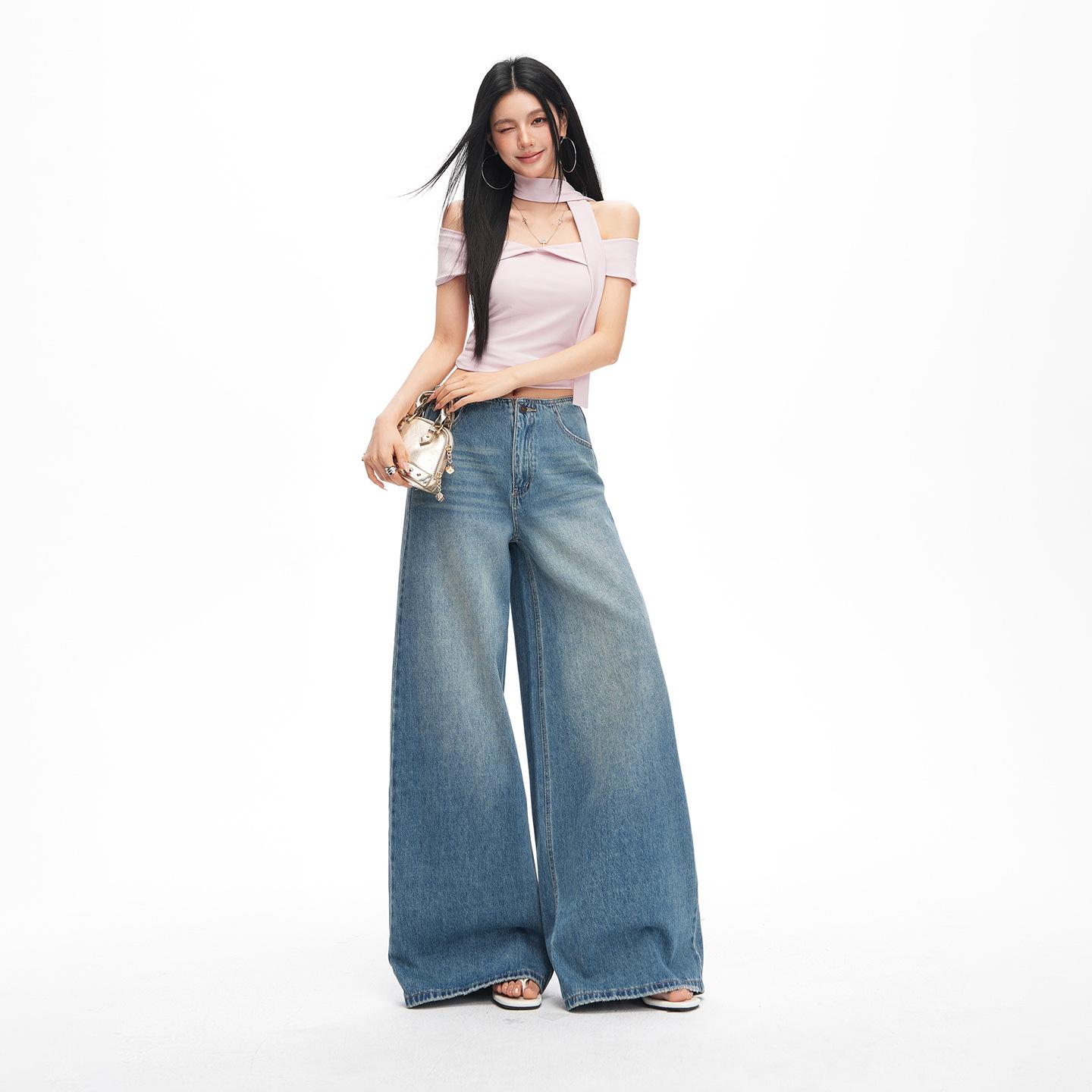 

2026 Spring Women s Retro Wide-Leg Jeans: Waistless, Versatile, Loose, Slimming, Floor-Length Pants Large