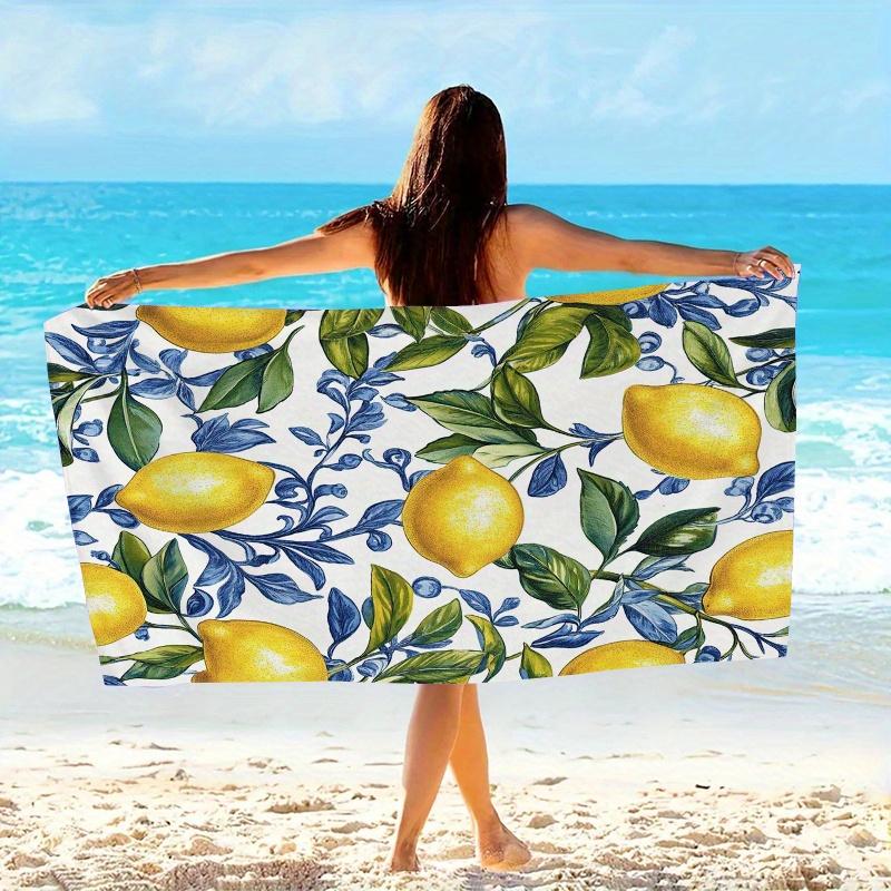 1pc Vintage Botanical Lemon & Leaf Beach Towel - Glossy Yellow Lemons with Swirling Green Foliage on White, Soft Microfiber