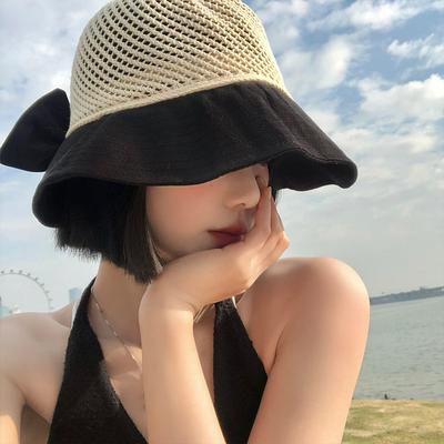 Bow Hollow Bucket Hat Women's Summer Face Small Sunshade Sunscreen Hat UV Protection Big Head Circumference Hat