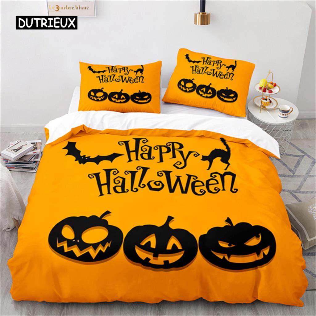Duvet Cover Halloween Bedding Set Pumpkin Polyester Cartoon Horror Festival Bat Comforter Cover Twin for Kid Adult Gift Bedroom