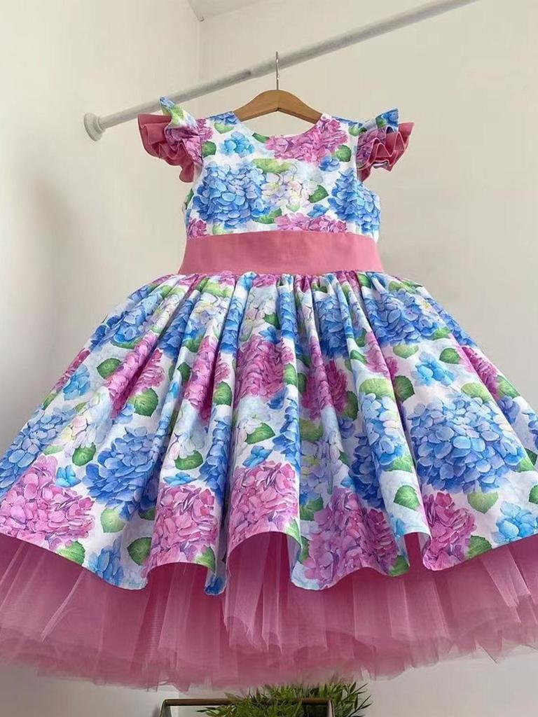 Girl's Holiday Formal Dress with Bowknot Headdress, Printed Christmas Baby Dress