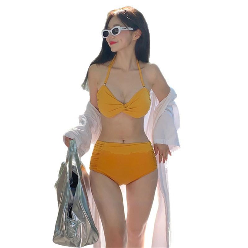 1 color, solid color 1011 South Korea's new sexy small breasts gather and cross high waist split triangular swimsuit women