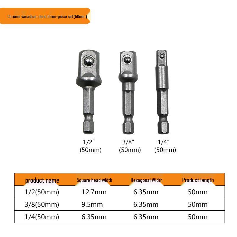 Prodlužovací adaptér pro převod šestihranného dříku na čtyřhran pro klíče 1/4", 3/8", 1/2"
