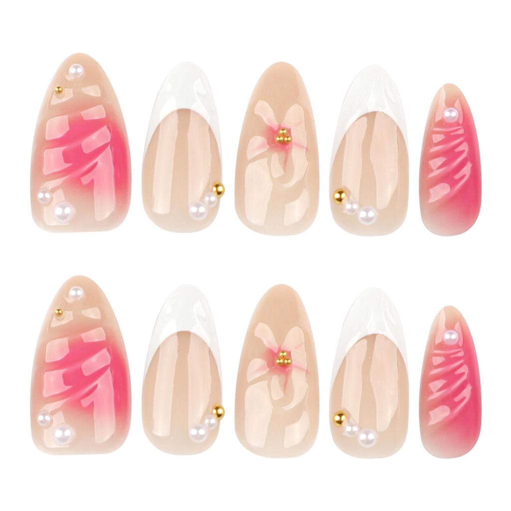 3D French Blossom Short Almond Wearable Nail Art – Elegant European and American Fake Nails