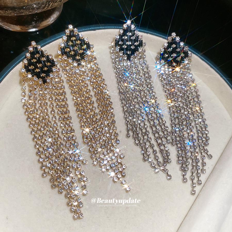 Silver Needle Rhinestone Geometric Tassel Earrings - Elegant High-End Ear Studs