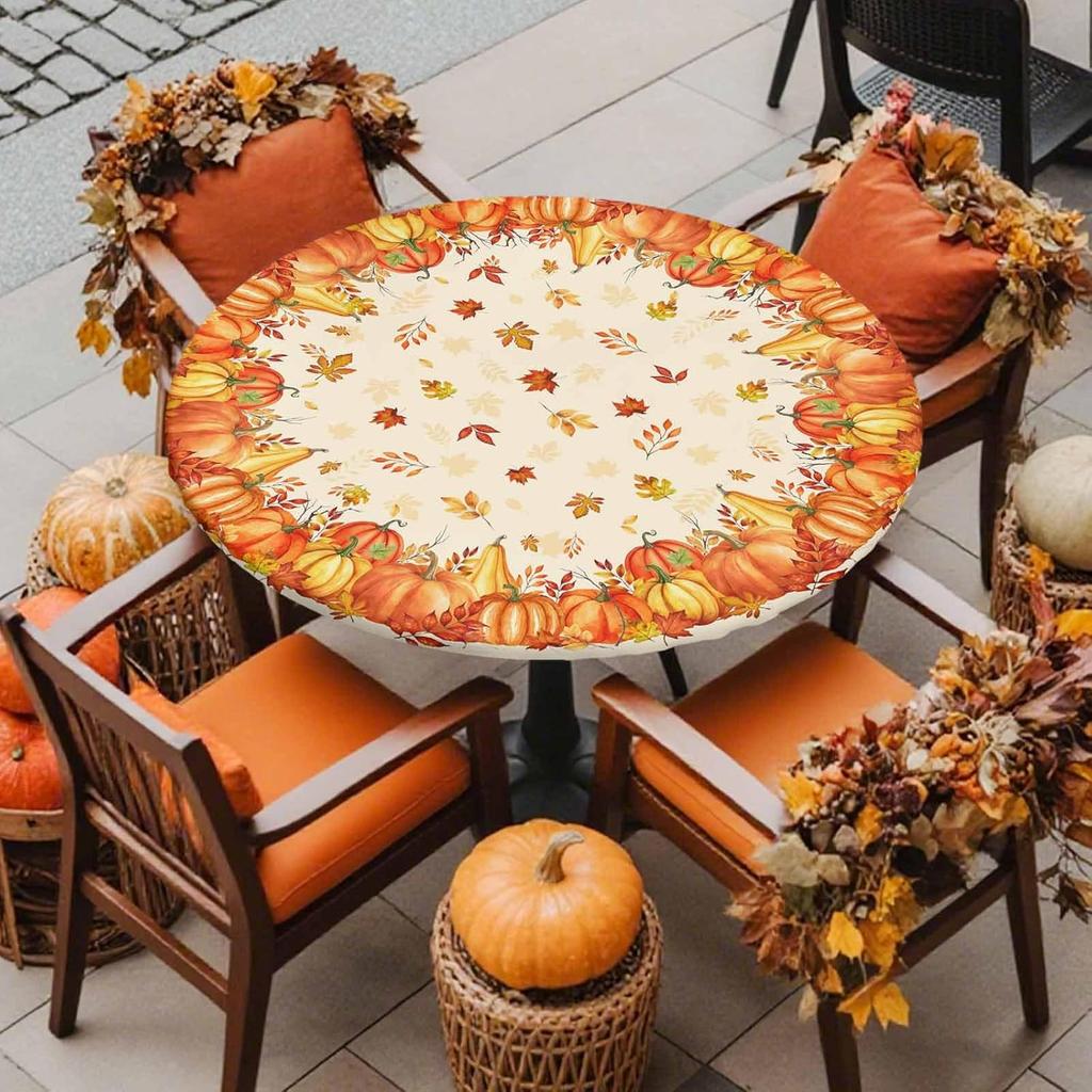 Herbst Erntedank Runder Tischdecke, Bauernhof Kürbis Botanische Ahornblätter Wasserdichtes Spann-Tischcover mit elastischem Rand, Herbst Ernte Tischdecken