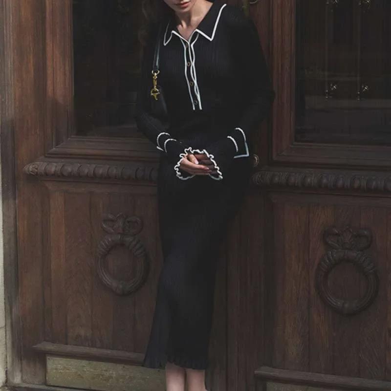 European-American Luxury Ruffled Knit Dress: Autumn Mid-Length with Lapel & Trumpet Sleeves