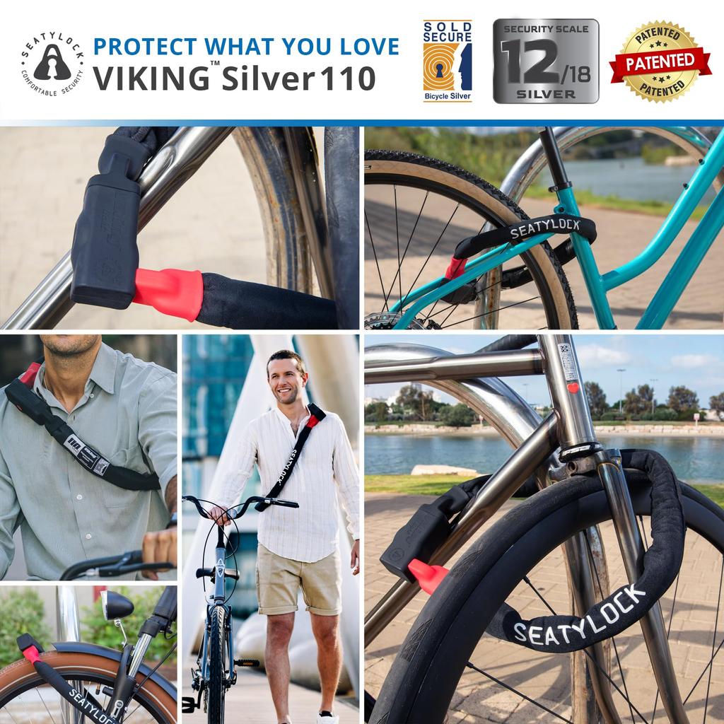 Seatylock Viking Bike Lock Chain with Key Patented Lightweight Bike Lock Sold Secure Silver Ultralight Bike Lock Bike Chain Lock for Mountain City or