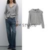 MD Spring New Women's Clothing Gray Pure Cotton Twisted Sailor Collar Sweaters Cardigan 5746641