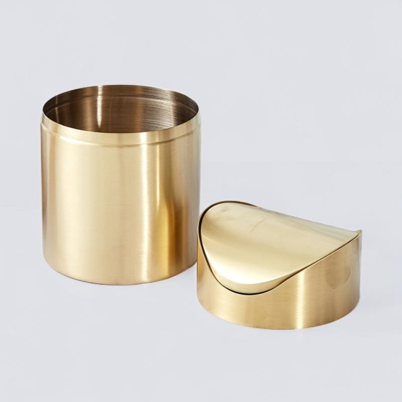 Gold Desktop Trash Can - 304 Stainless Steel Mini Bin with Lid, Light Luxury Storage Basket