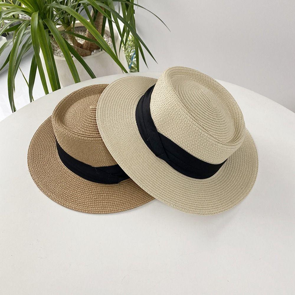 Korean Style Straw Woven Hat Flat Brim Women's Sun Hat Fashion Sunscreen Bucket Hat  Beach