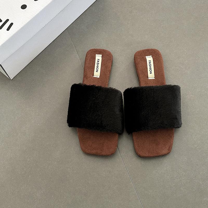 Retro temperament casual cotton drag square head girls fluffy slippers autumn and winter fashion comfortable one-word cotton slippers