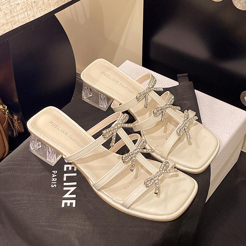 

Bow rhinestone sandals women s summer new style thick heel with skirt high heels temperament shoes women 39