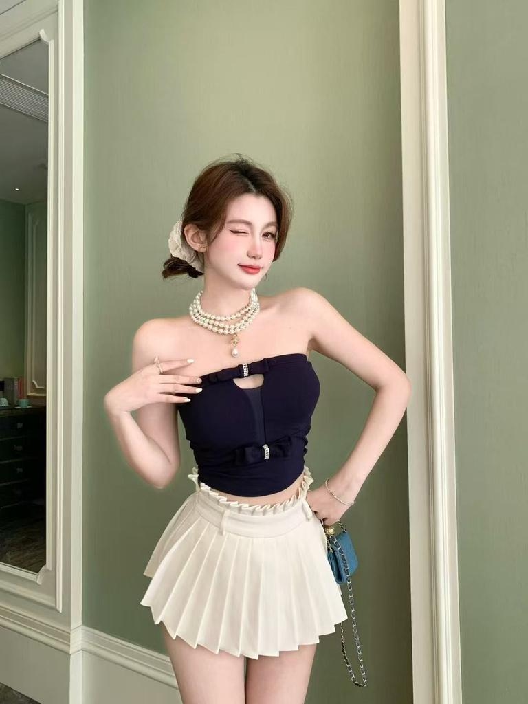 Spice Girl Pure Desire Diamond Buckle Bow Vest Women Wear Sexy Spring and Summer Outer Wear with Chest Pad Tube Top Short Inner Top