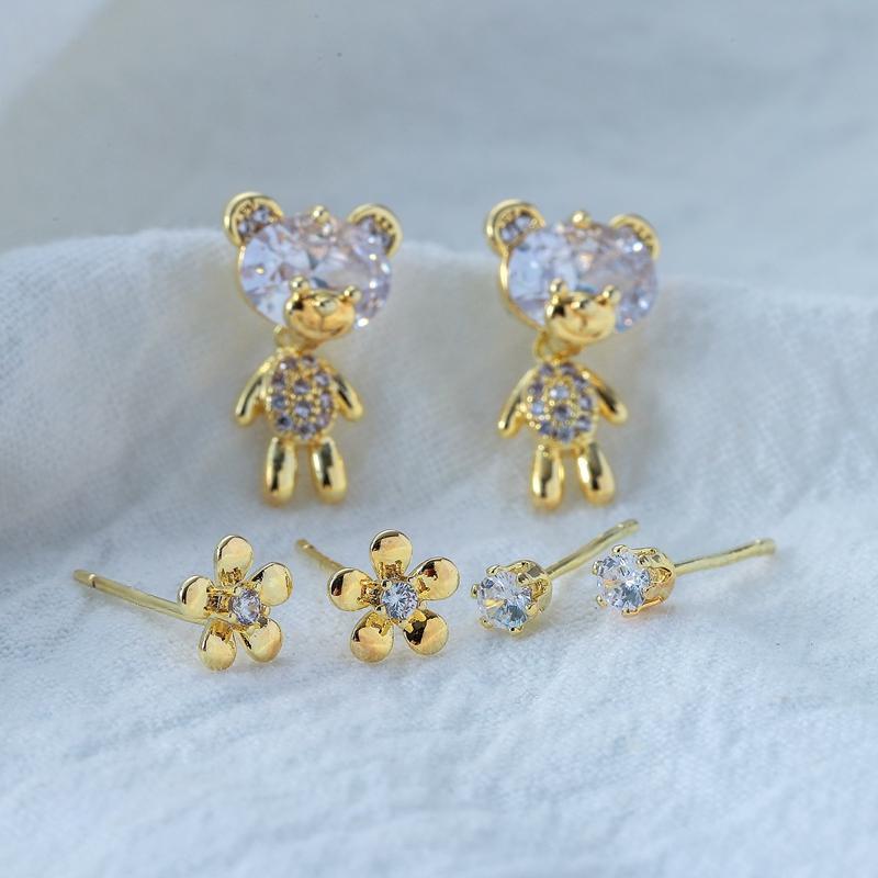 ANENJERY Schöne Zirkon Bär Blume Ohrstecker Weibliche Kreative 6-teiliges Ohrring Set