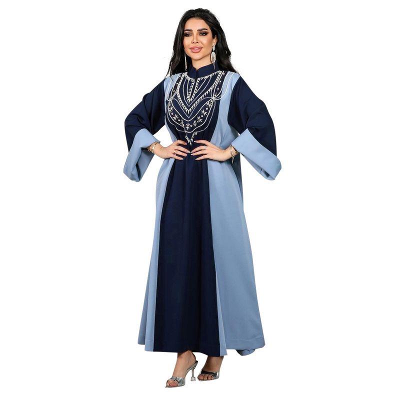 Dubai Indonesia Amazon Middle East Women's Clothing Patchwork Contrast Color Stand-up Collar Rhinestone Robe Gown Dress Dress