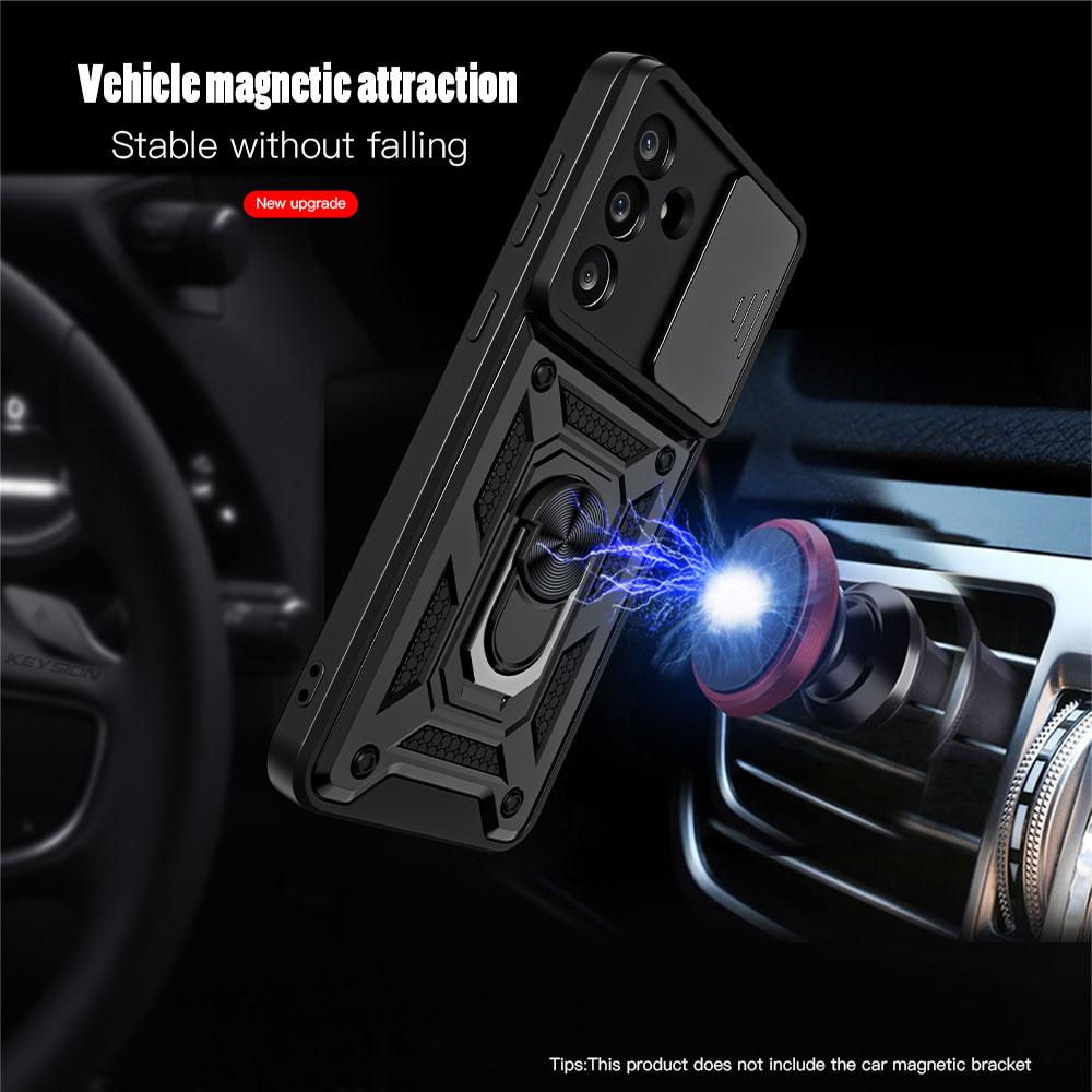 KEYSION Shockproof Case for Samsung M56 5G Silicone+PC Slide Camera Protection Ring Stand Phone Back Cover for Galaxy F56 5G