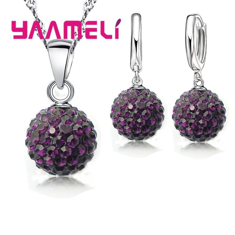 925 Sterling copper Stamped Bridal Zircon Sets Women Girls Wedding Gifts Austrian Crystal CZ Disco Ball Necklace Hoop Earrings