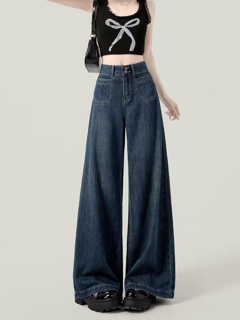 Women's Wide-Leg Jeans, Loose Fit, Plus Velvet, Spring/Winter, Plus Size, Drape Straight-Leg, Floor-Length (2024 Style)