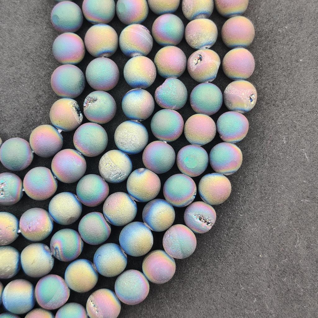 Natural Gemstone Druzy Agate Beads, Multi-Color Smooth Round, Matte Finish, 6mm 8mm 10mm Size Beads, Full Strand 14-15 Inch, Great for Jewelry Making