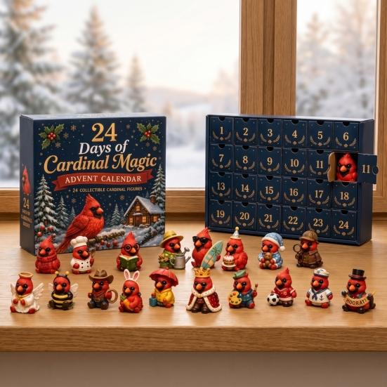 Christmas Party Favors Red Bird Advent Calendar, 24 Unique Miniature Desk Decor Figurines, Tree Hanging Ornaments for Holiday Gifts Calendar