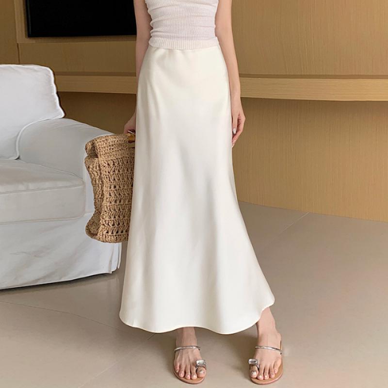Women's High-Waisted Satin Midi Pencil Skirt, Slim-Fit Fishtail Design, 2025 Spring/Summer Collection
