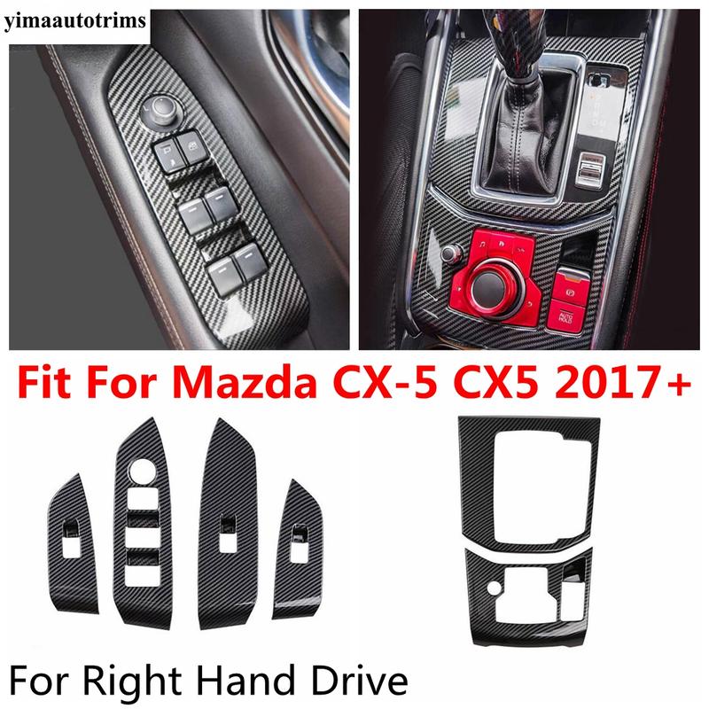 RHD Central Control Gear Shift Panel / Window Lift Button Cover Trim ABS Carbon Fiber Accessories For Mazda CX-5 CX5 2017 - 2024