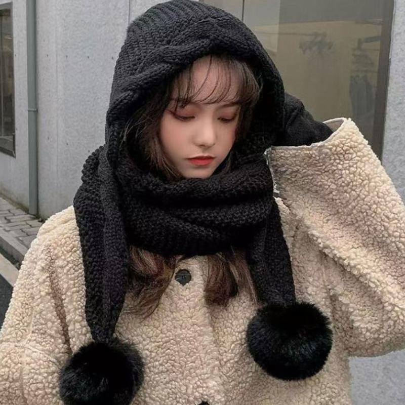 Knitted Scarf Hat with Pompoms Ball and EarFlaps Soft Pullover Hat Winter Accessory Unisex Headwear for Outdoor Activity